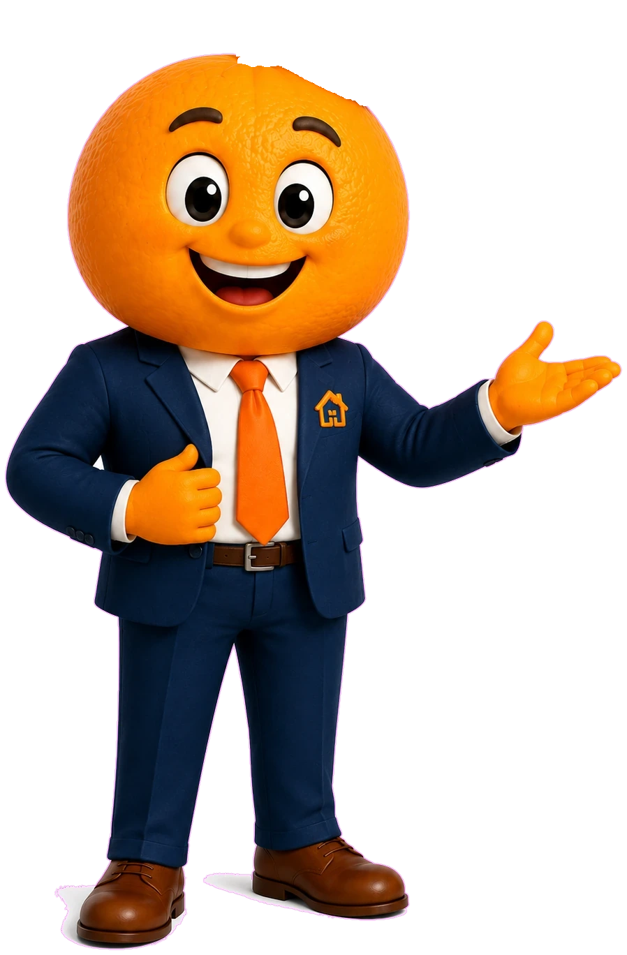Orange, the friendly Orange County mortgage mascot, smiling and presenting with an open hand