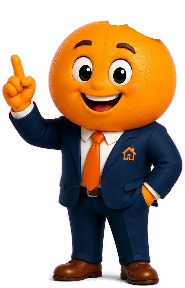 Orange, the friendly Orange County mortgage mascot, smiling and pointing upward in a navy suit and orange tie