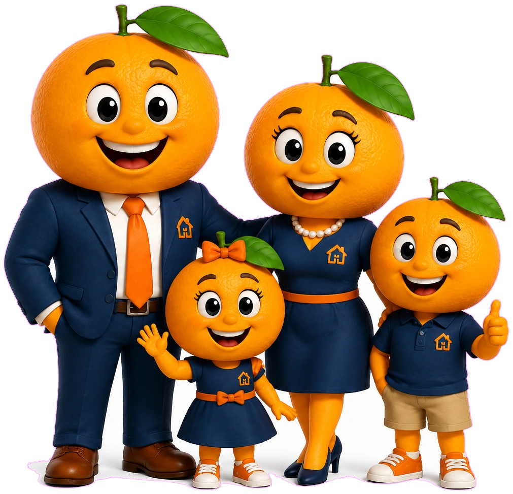 The Orange family — a friendly family of orange mascots ready to help yours