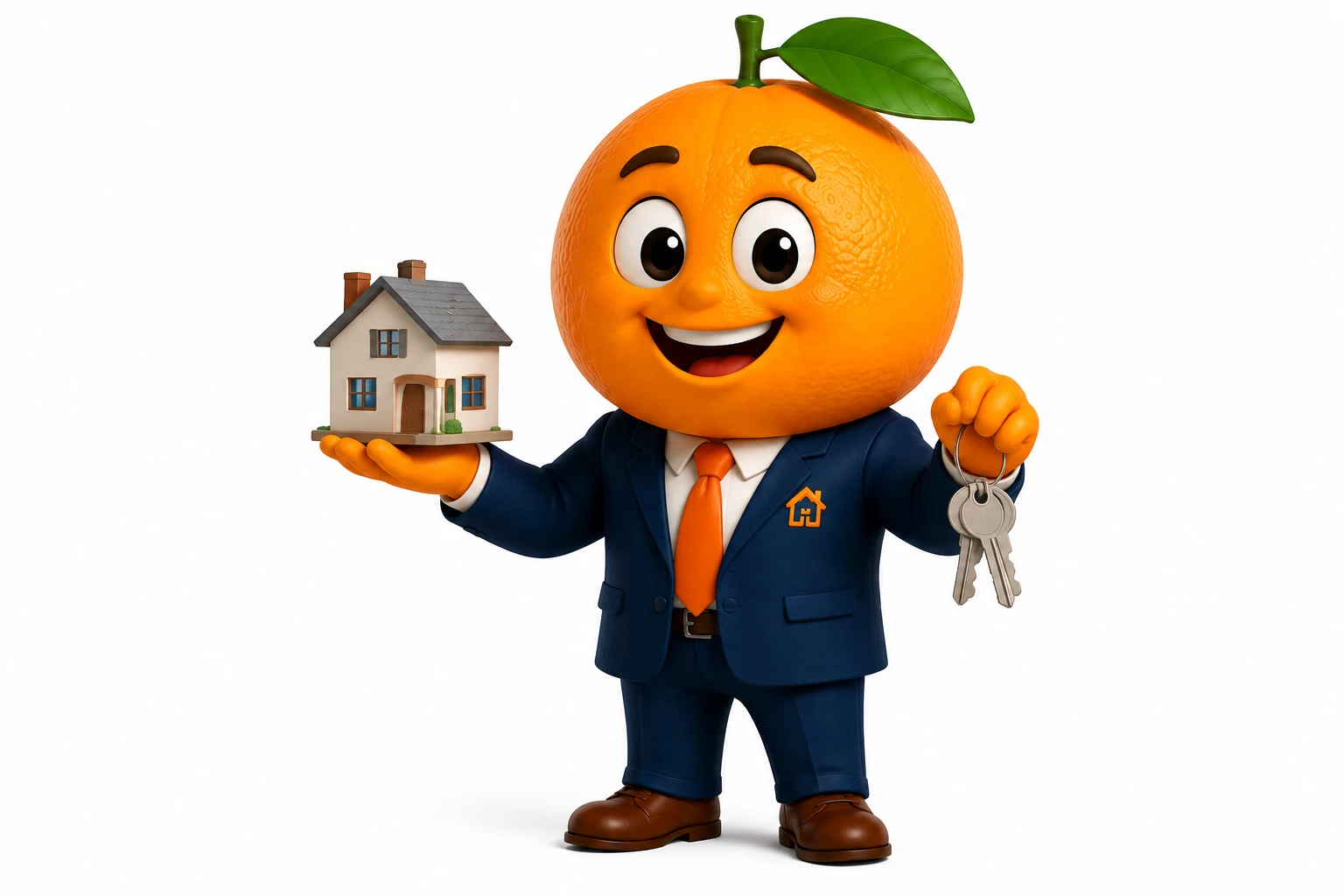 Orange the mascot holding a model house and a set of keys