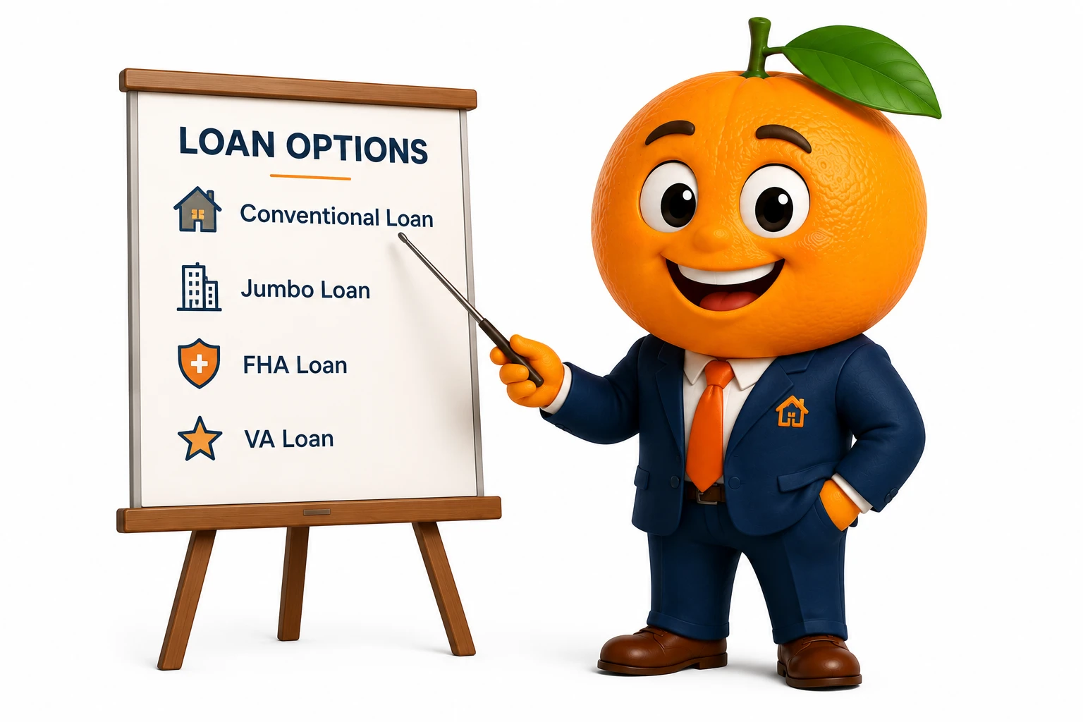 Orange the mascot at a board presenting Conventional, Jumbo, FHA and VA loan options