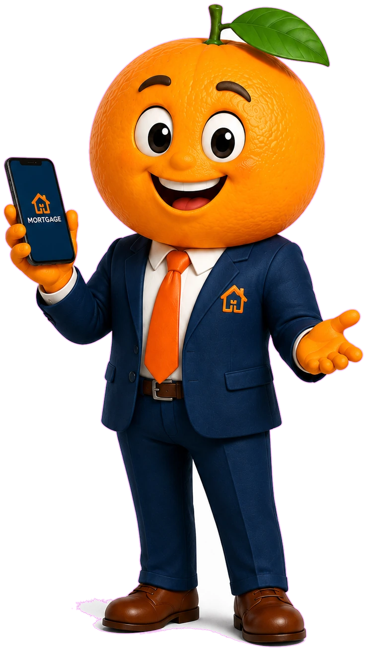 Orange the mascot in a navy suit holding a phone, ready to close your deal