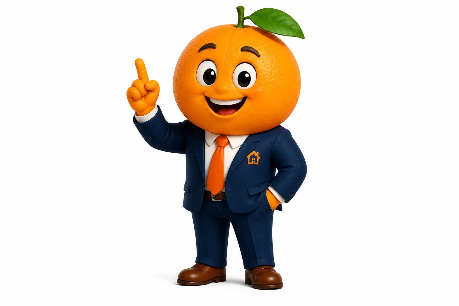 Orange the mascot pointing upward