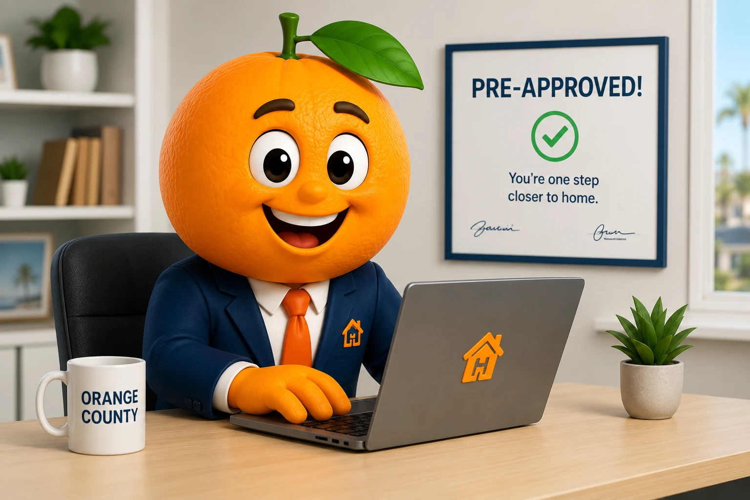 Orange the mascot working at a laptop with a Pre-Approved certificate on the wall
